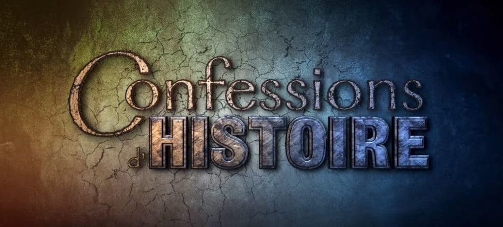 Voici le logo de Confessions d'Histoire. On y voit le titre de la websérie écrit sur un mur fissuré.