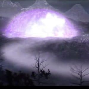 Voici une capture d'écran qui nous laisse voir un dôme magique, d'une couleur violette, qui a été créé dans le but de retenir prisonnier l'antagoniste du film Les Seigneurs d'Outre Monde.