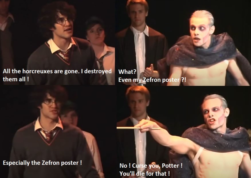 Harry révèle à Voldemort qu'il a détruit tous les horcruxes, notamment celui qui était dissimulé dans le poster de Zac Efron. Du coup, Voldemort est encore plus décidé à le tuer.