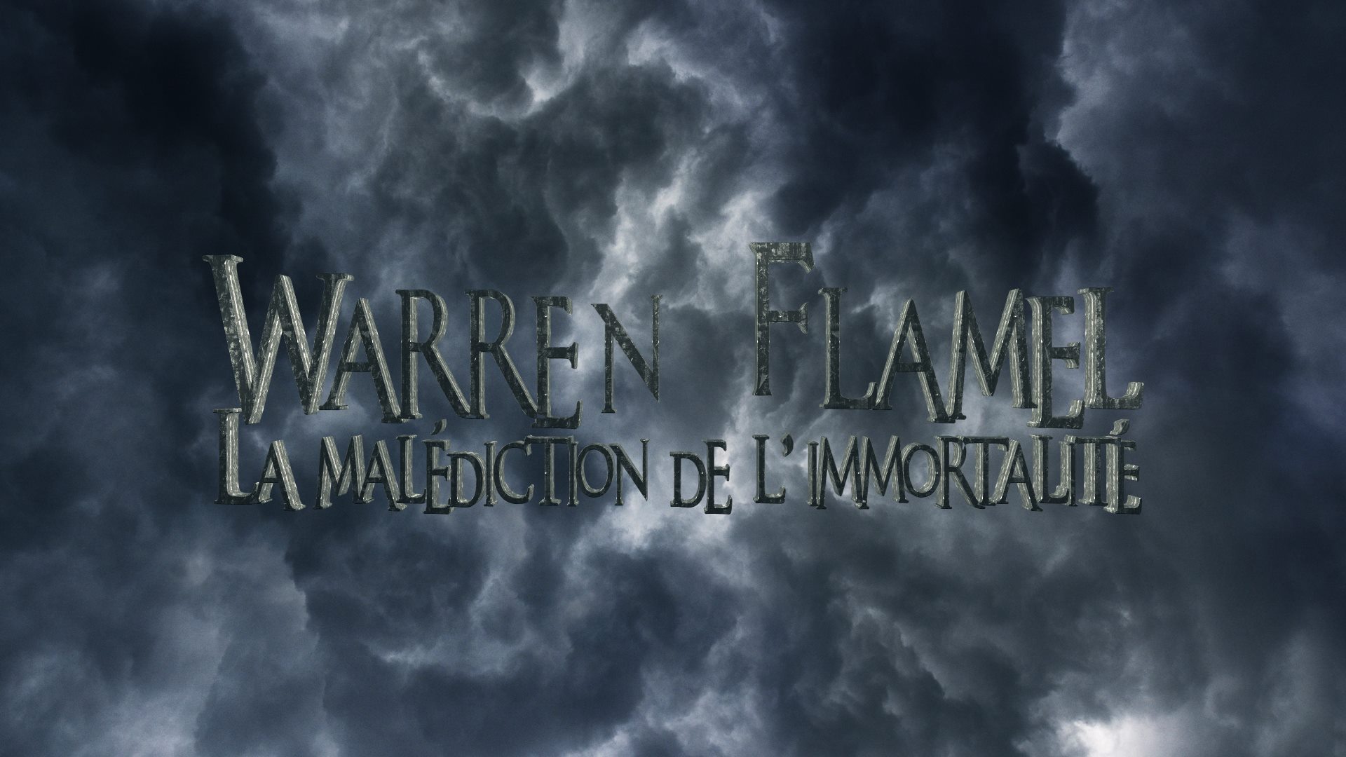 Le titre de la websérie Warren Flamel apparaît dans un ciel très nuageux, qui laisse à penser qu'un orage se rapproche dangereusement.