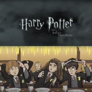 Sur cette illustration, on peut voir Harry, Ron et Hermione dessinés. Et ils ne sont guère contents. En effet, la grande salle connaît un petit incident technique : la cire des bougies tombent sur les élèves, qui essayent de s'en protéger tant bien que mal.