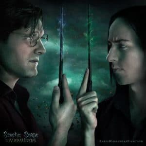 Sur l'affiche du fanfilm Severus Rogue et les maraudeurs, on retrouve James Potter et Severus Rogue, l'un en face de l'autre, et qui tienne chacun leur baguette.