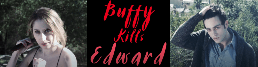 Buffy, tueuse de vampire, se tient prête à utliser son pieu contre Edward.