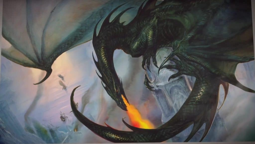 Ce dessin de John Howe représente un dragon qui crache du feu.