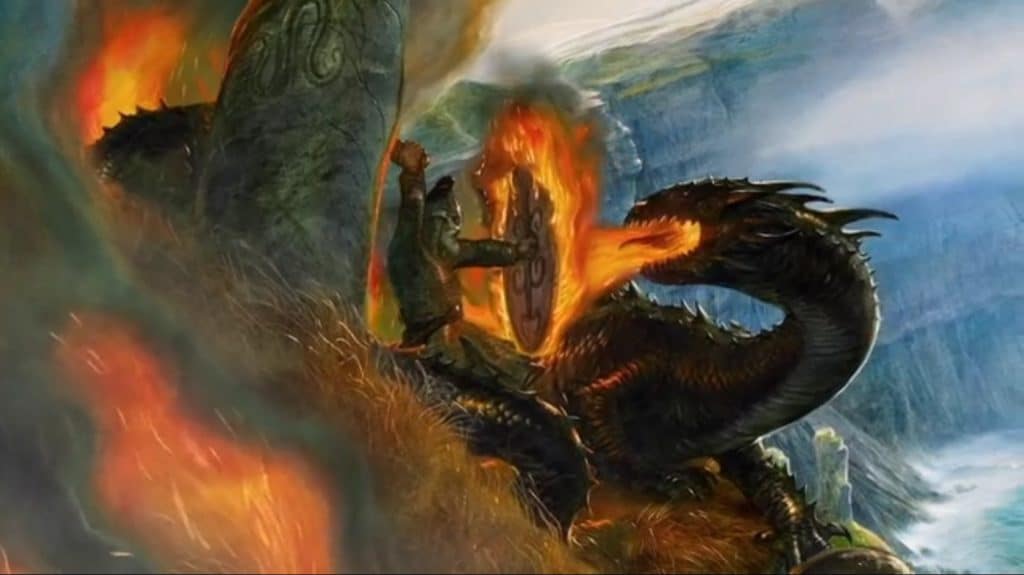 Cette illustration de John Howe représente un dragon qui crache du feu.