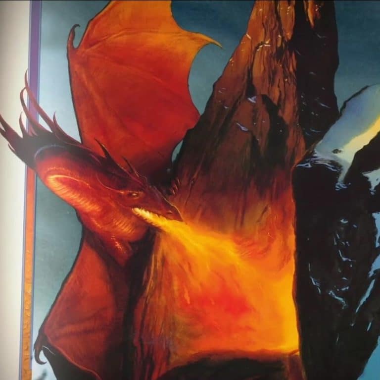 Ce dessin de John Howe représente un dragon qui crache du feu.