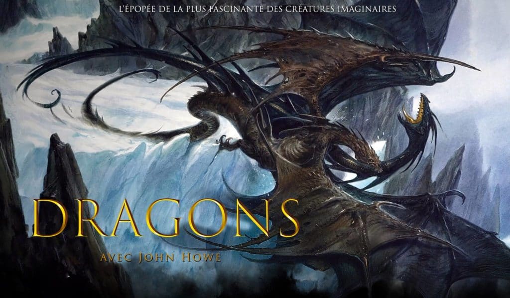 Cette illustration de John Howe représente un dragon qui vole dans le ciel.