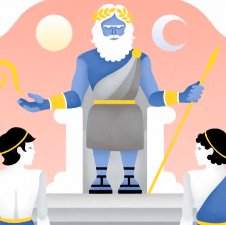 Sur cette illustration, on peut voir Zeus, assis.