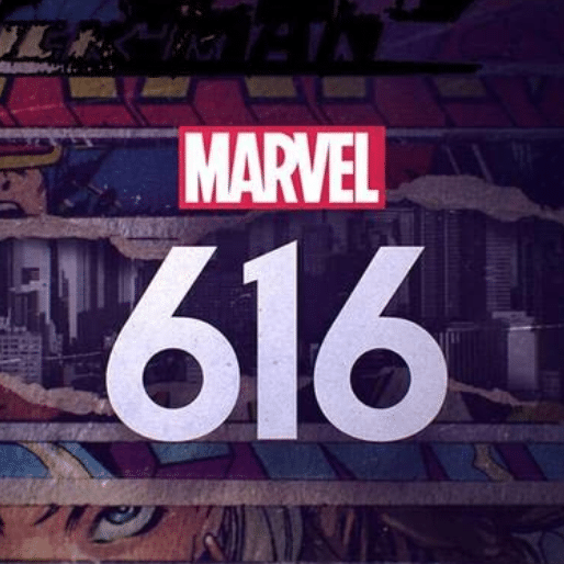 L'affiche de la série documentaire "Marvel 616" laisse voir le nombre "616" écrit en gros alors que des images de comics sont présentes en arrière-plan.