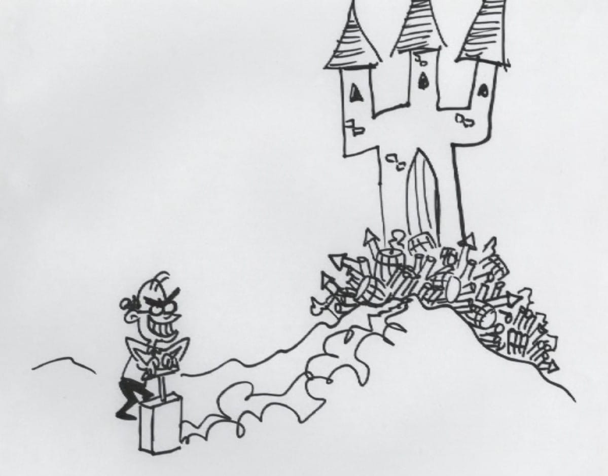 Cette caricature représente Jeffrey Katzenberg qui se prépare à utiliser de la dynamite dans l'espoir de réveiller la Belle au Bois Dormant.