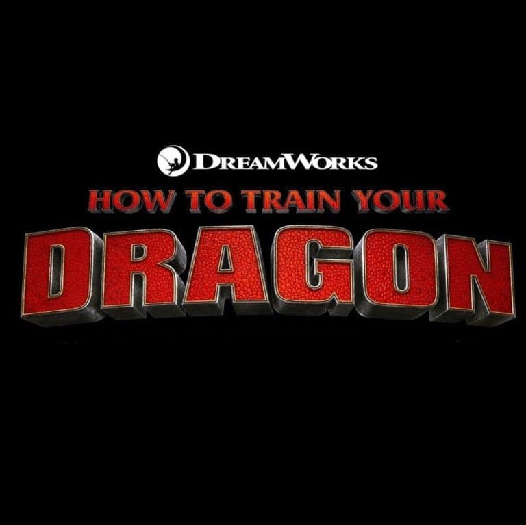 Le titre du film d'animation "Dragons" est écrit en rouge sur un fond noir.