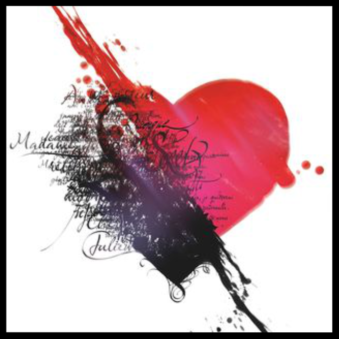 Cette affiche de l'opéra rock "Le Rouge et Le Noir" montre la moitié d'un coeur rouge dont l'autre moitié est colorié avec de l'encre noire.