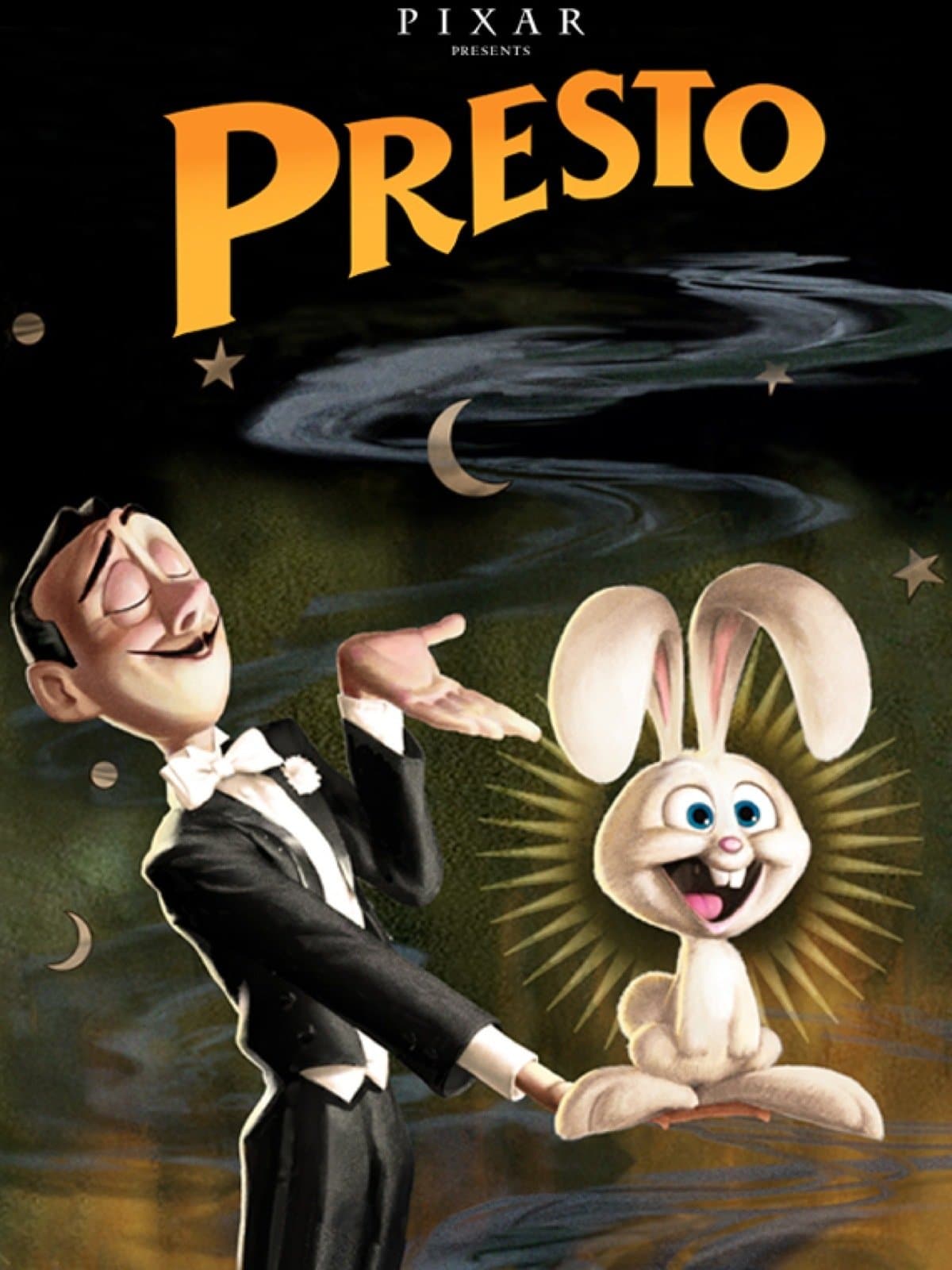 L'affiche de Presto montre un lapin blanc qui est tenu par un magicien.