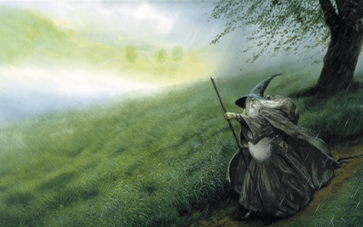 Cette illustration montre Gandalf qui tient son célèbre bâton.