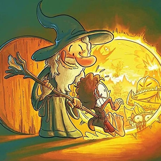 La couverture de la BD de "La Terre du Milieu mais un peu sur la gauche" montre Gandalf qui essaye de pousser Bilbo hors de chez lui.