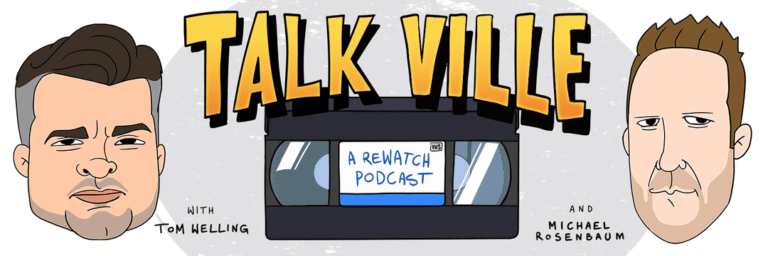 L'affiche du podcast met en avant deux caricatures qui représentent Tom Welling et Michael Rosenbaum.