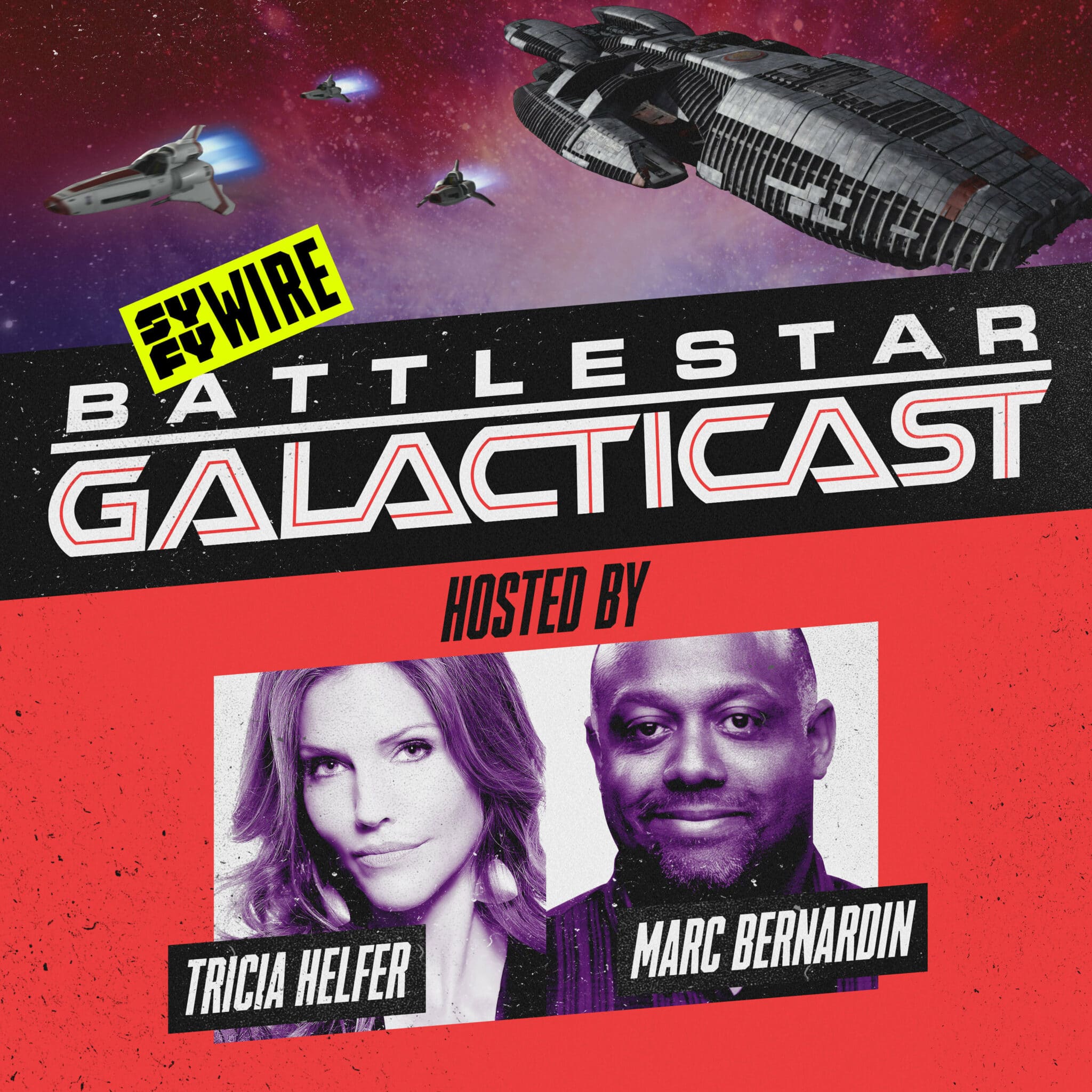 Tricia Helfer et Marc Bernardin figurent tous les deux sur l'affiche du podcast.