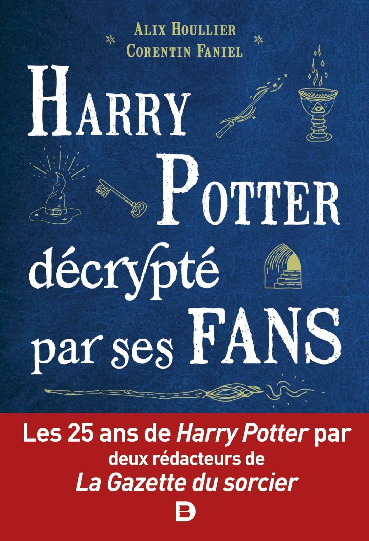 La couverture de "Harry Potter décrypté par ses fans" intègre quelques symboles liés au roman qui représentent un chapeau magique, une clé, une baguette magique, l'entrée d'un tunnel ou encore une coupe.