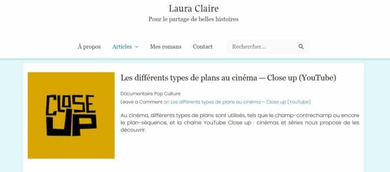 Sur cette capture d'écran, on peut voir que le titre du site "Laura Claire : Pour le partage de belles histoires" est écrit tout simplement sur un fond blanc.