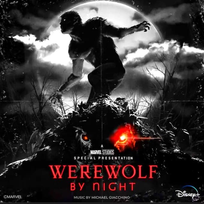 L'affiche "Werewolf by night" montre un loup-garou devant une pleine Lune.