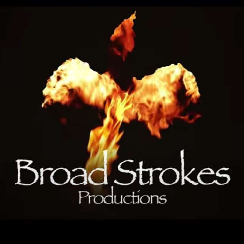 Le titre "Broad Strokes Productions" est écrit en blanc sur un fond noir. Au-dessus, on peut voir le dessin d'un phénix en feu.