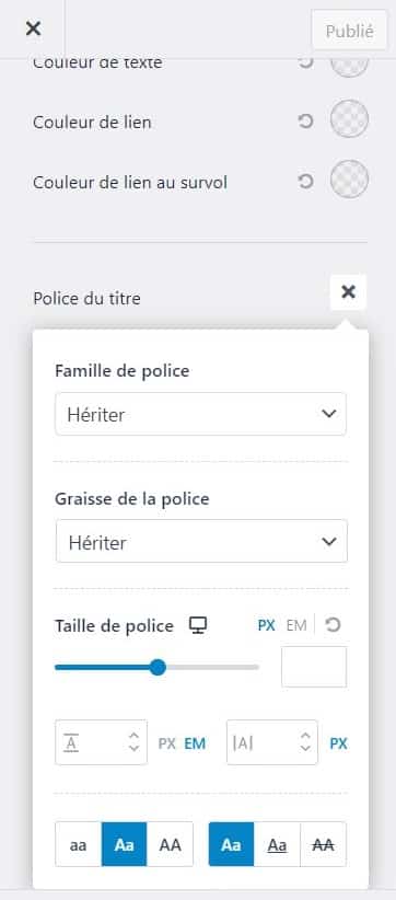 Le menu "design" permet d'accèder à un sous-menu qui propose plusieurs options en lien avec la police d'écriture utilisée pour le titre de chaque article.