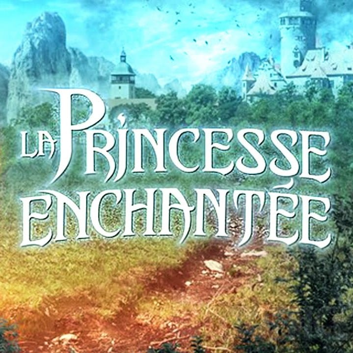 Le titre du film, La Princesse Enchantée, est écrit en blanc alors qu'un dessin d'un château se trouve en arrière plan.