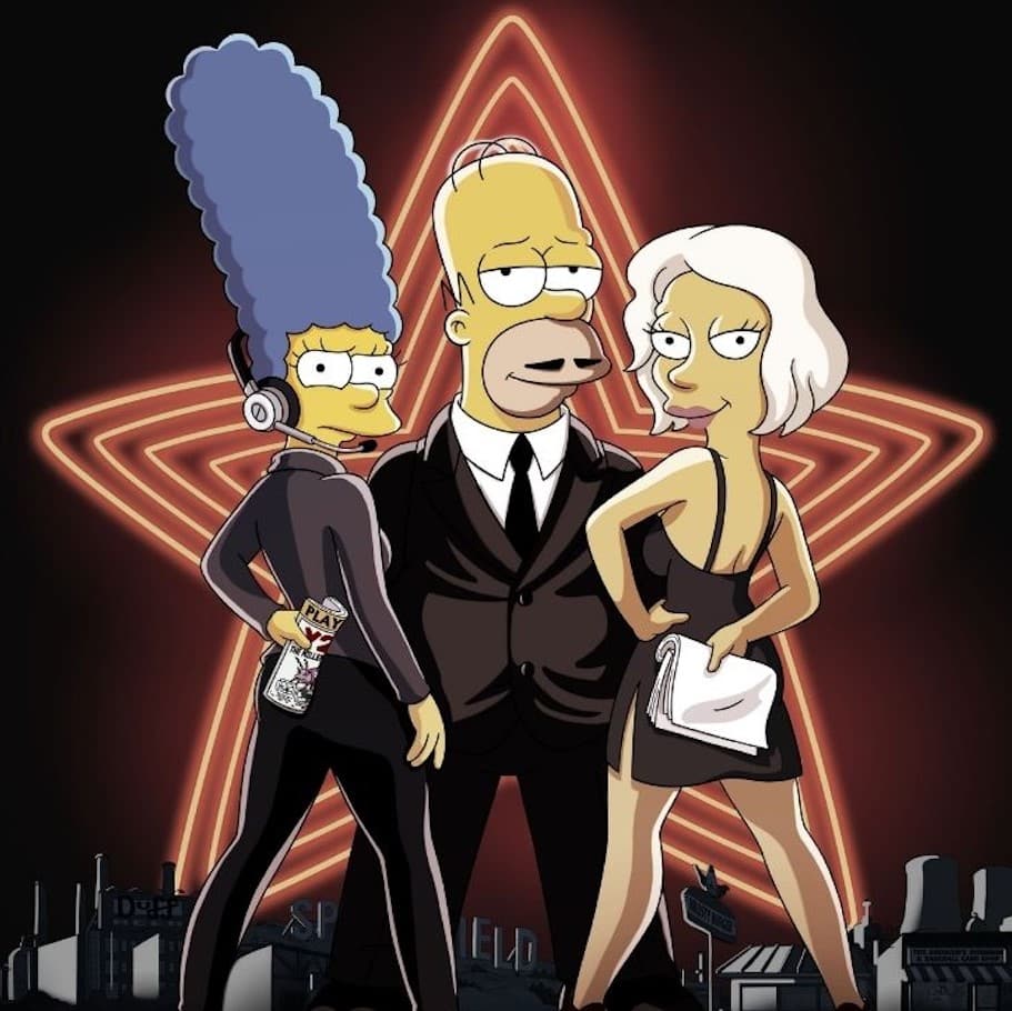 L'affiche de l'épisode musical montre Homer autour duquel se trouvent Marge et Sacha.