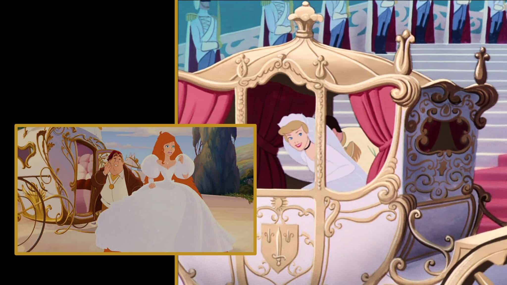Cendrillon, mariée, se trouve dans un carosse auprès du prince.