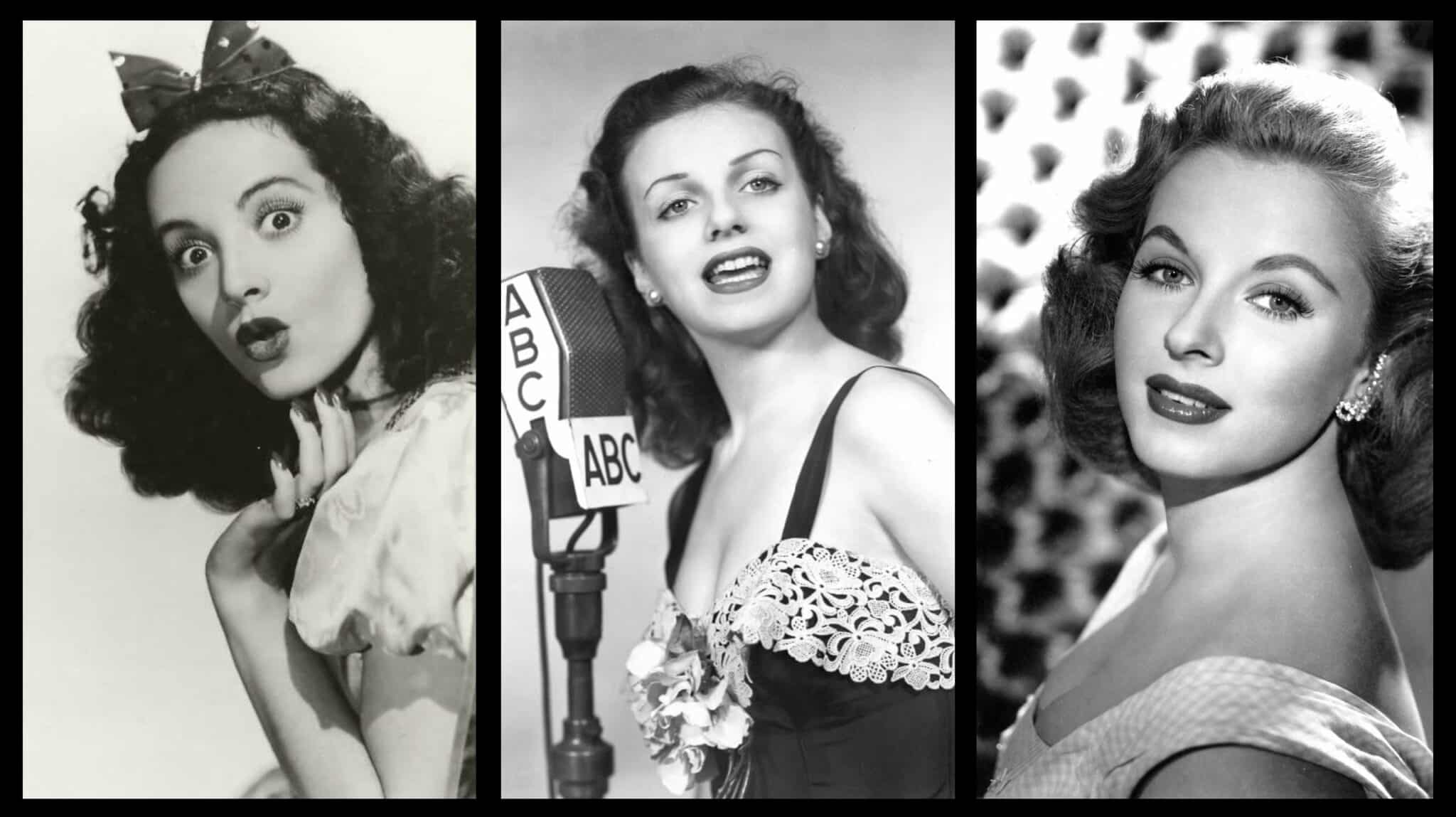 Trios portraits en noir et blanc des actrices qui ont joué Blanche-Neige, Cendrillon et Aurore.