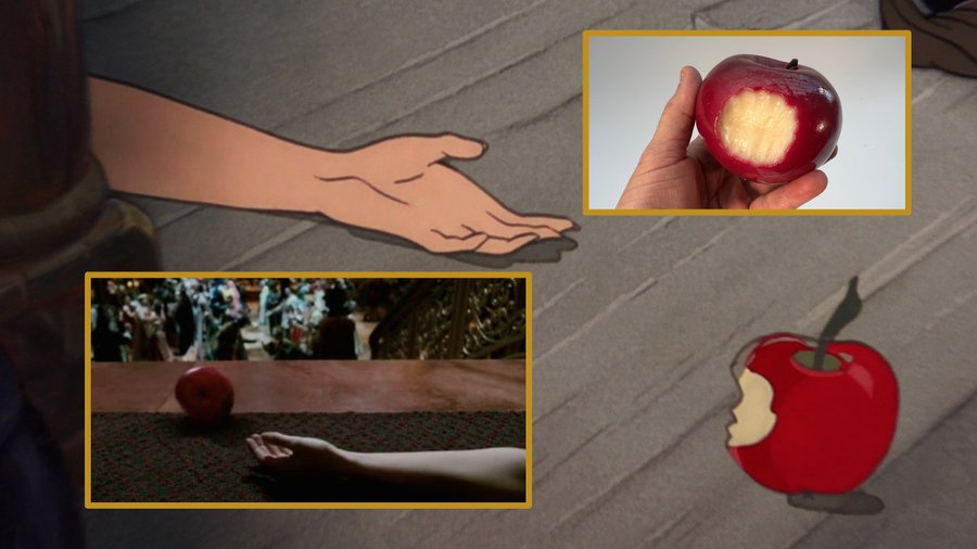 Blanche-Neige fait tomber la pomme après l'avoir croqué.