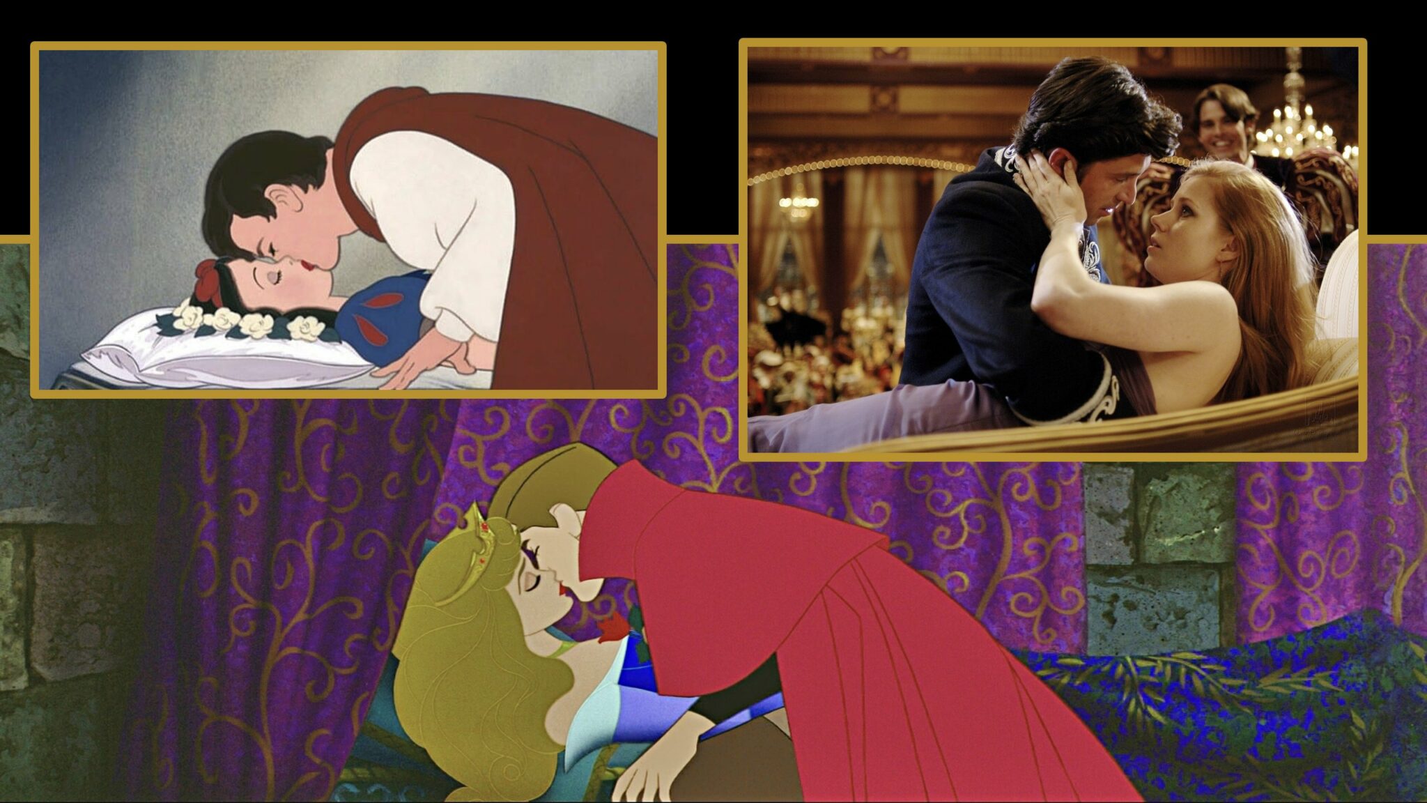 Blanche-Neige, Aurore et Giselle sont embrassés par leur prince.